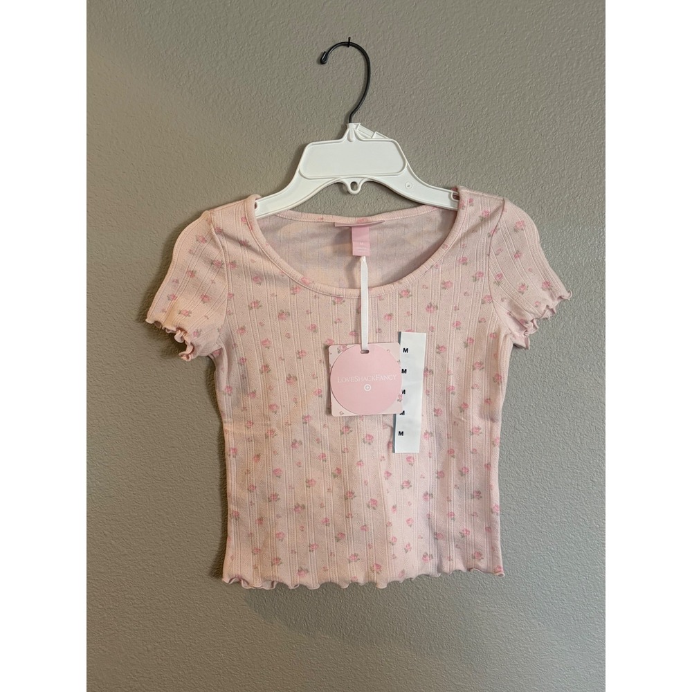 LoveShackFancy x Target Girls Pink Floral Ribbed Pointelle Baby Tee Size M
